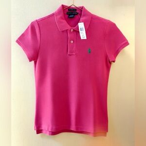 NEW Ralph Lauren Pink Polo Shirt Skinny Fit Fuschia Hot Pink M Green Pony